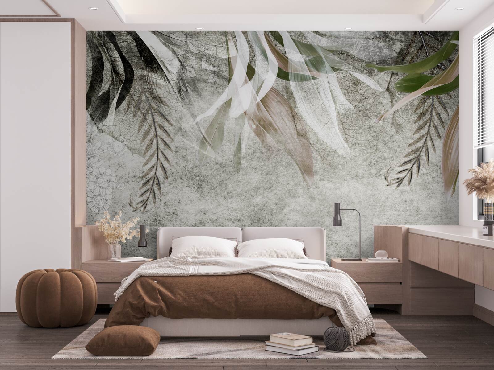 Papier peint fleurs et feuilles suspendues