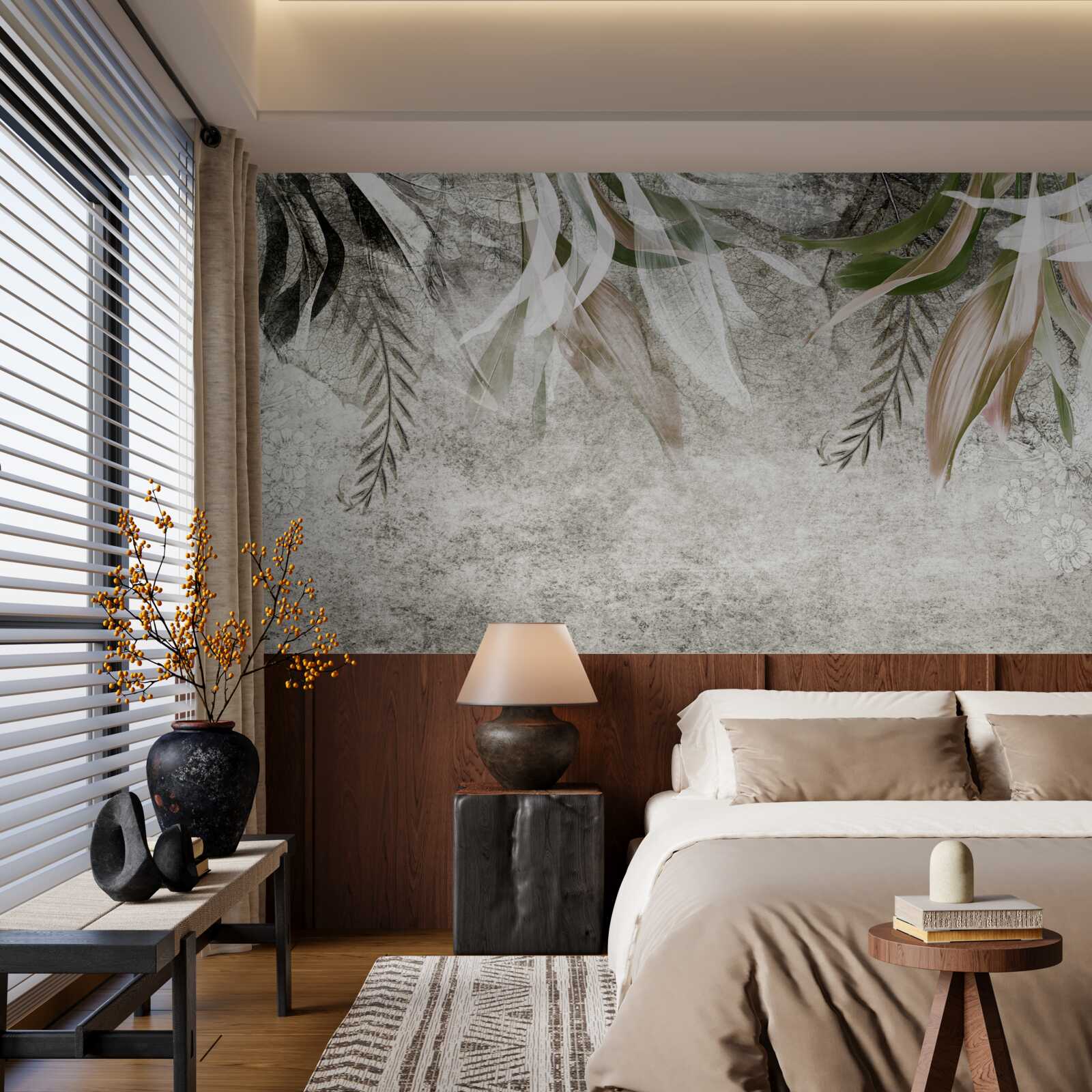 Papier peint fleurs et feuilles suspendues