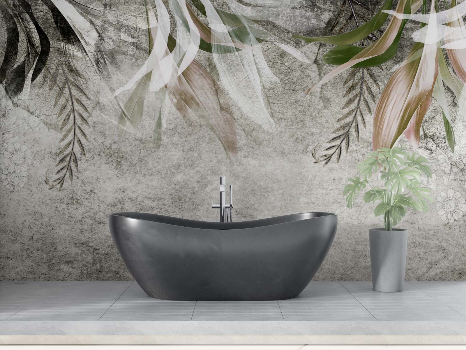 Papier peint fleurs et feuilles suspendues