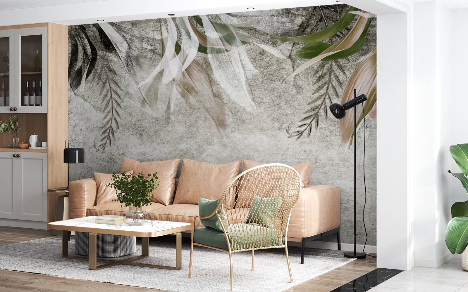 Papier peint fleurs et feuilles suspendues