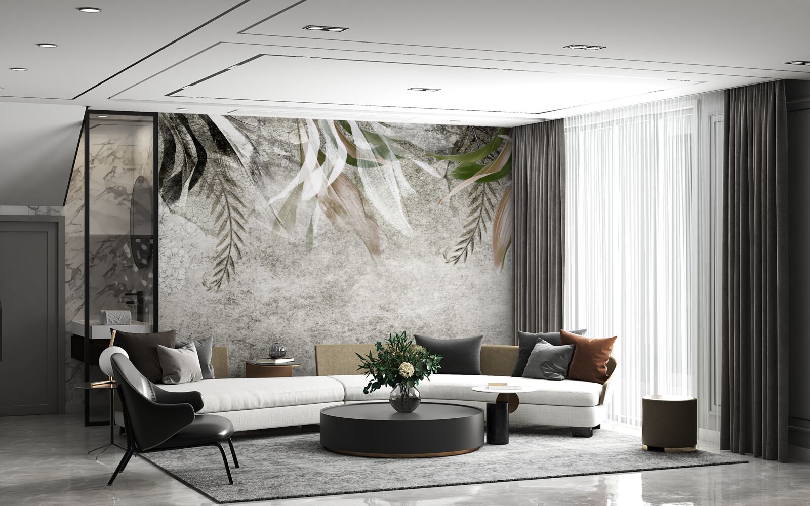 Papier peint fleurs et feuilles suspendues