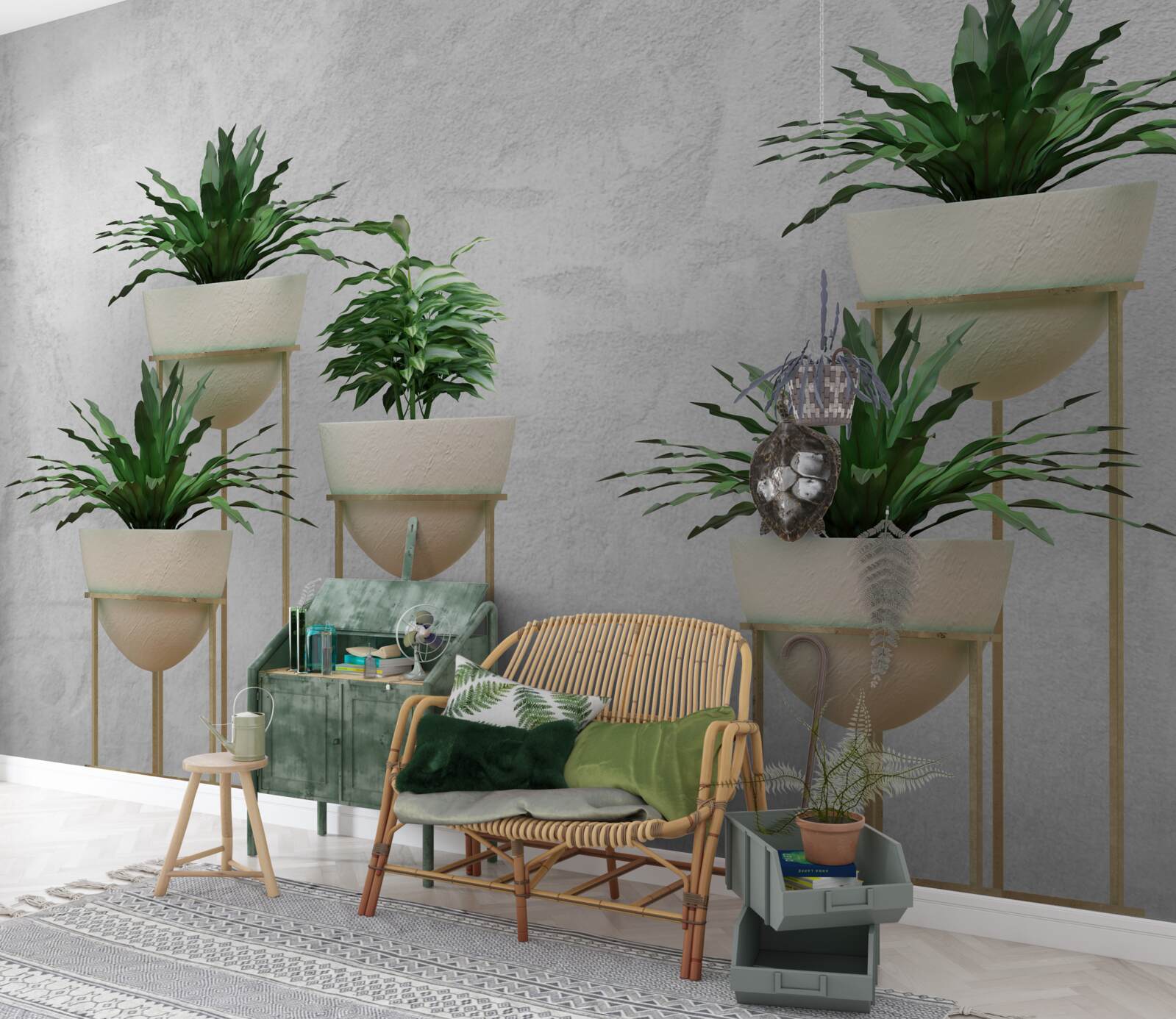 Papier peint fleurs vertes dans des pots délicats