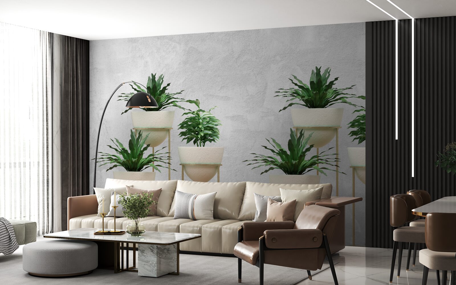 Papier peint fleurs vertes dans des pots délicats