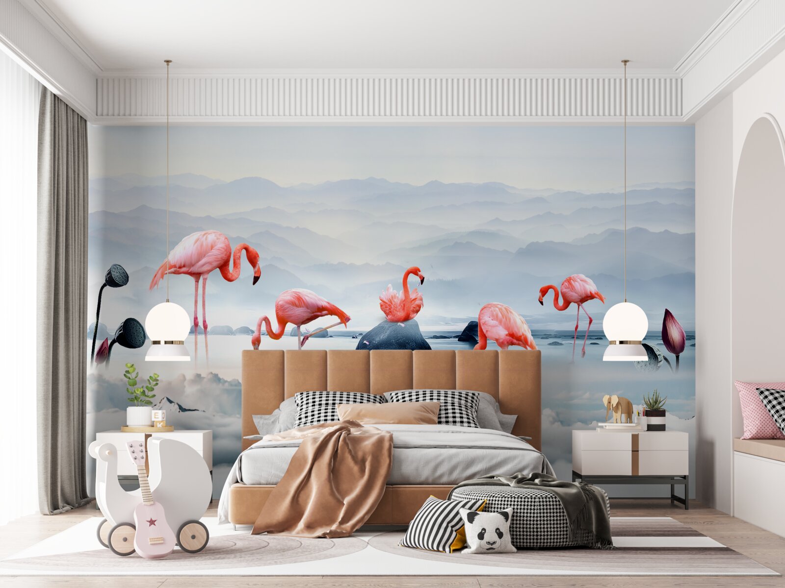 Papier peint flamant rose parmi les nuages