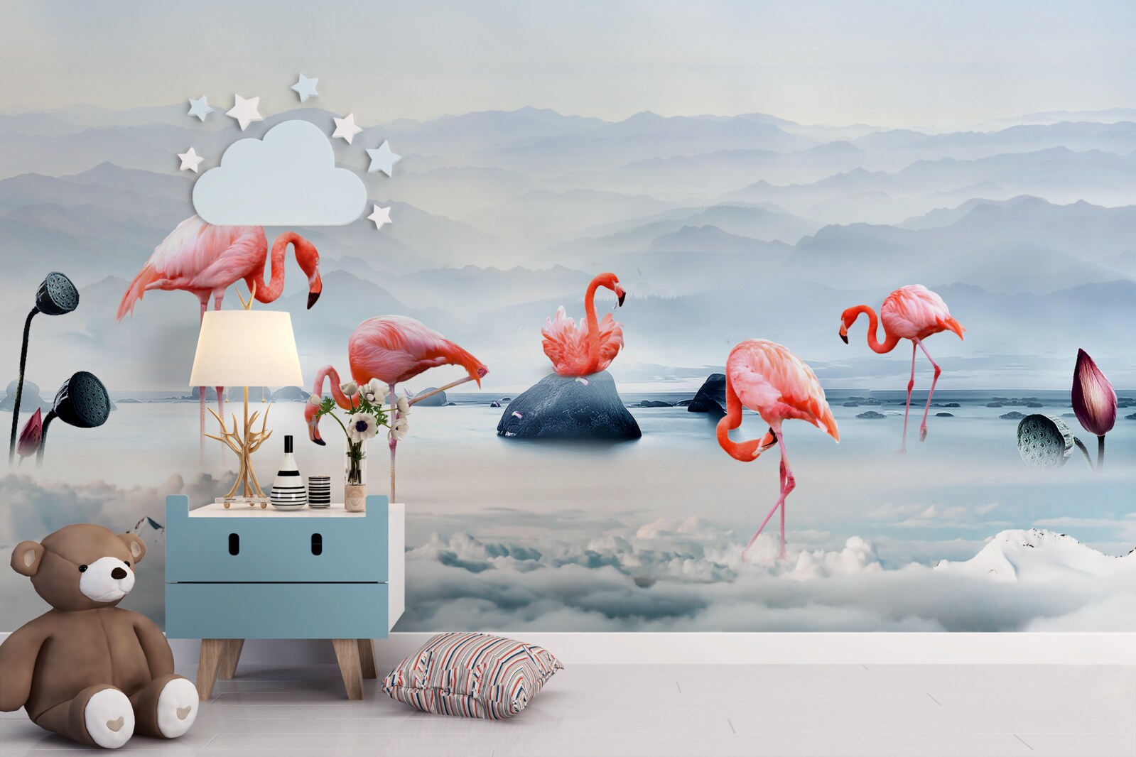 Papier peint flamant rose parmi les nuages