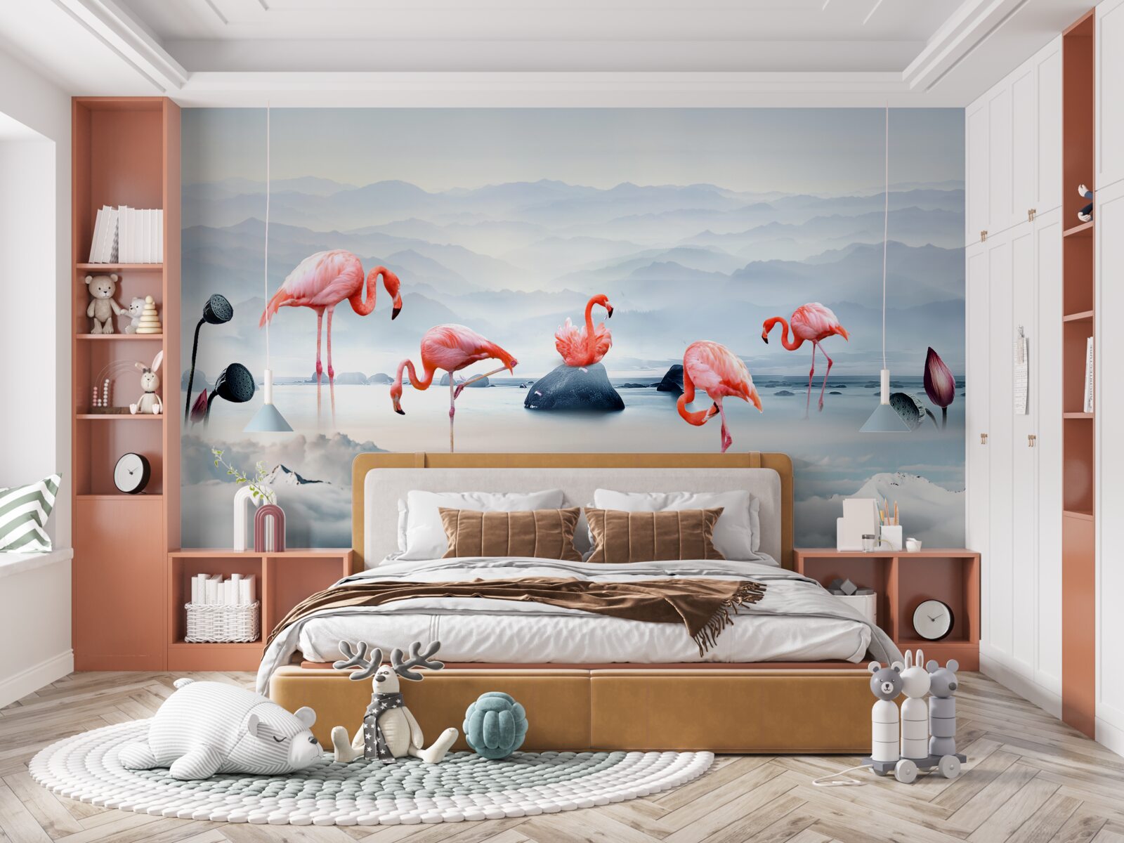 Papier peint flamant rose parmi les nuages