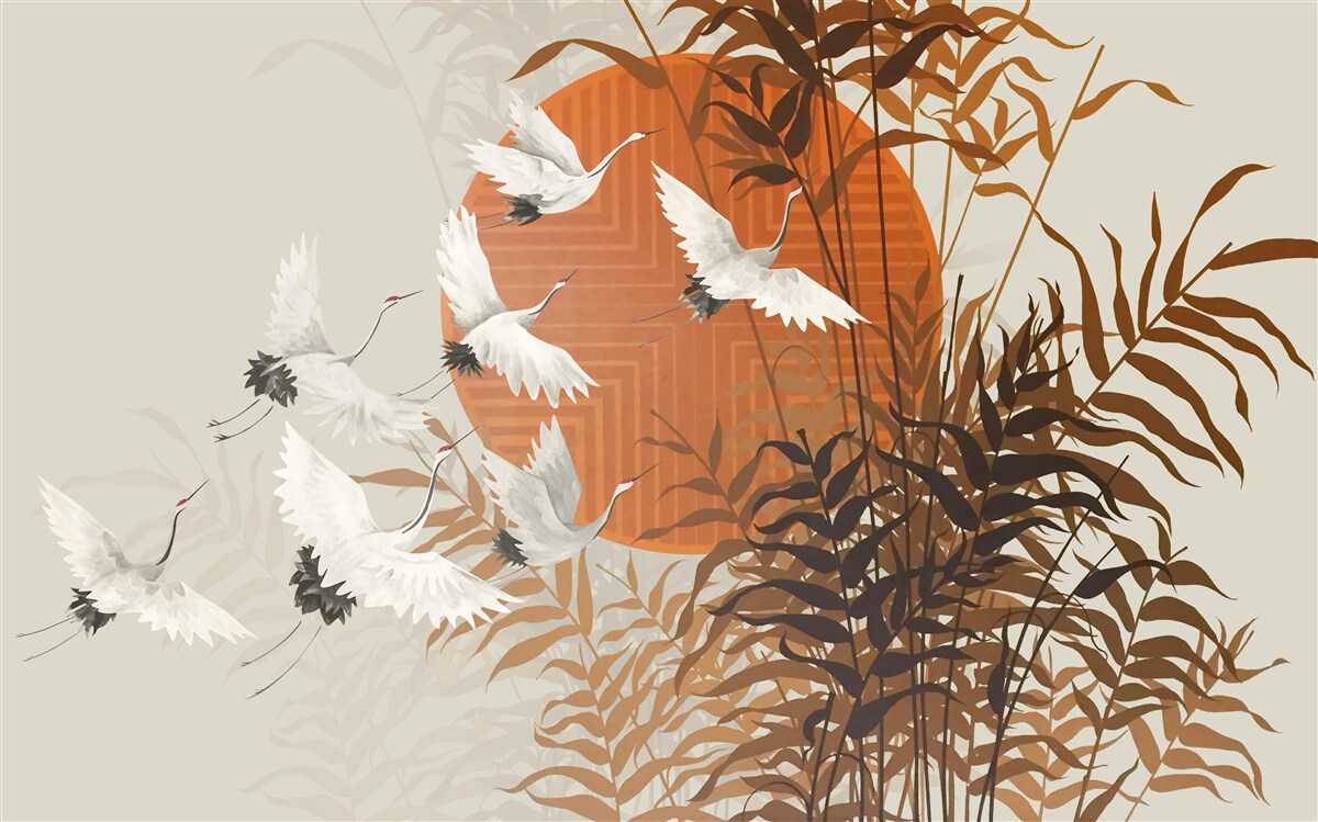 Papier peint le coucher de soleil est accompagné d'un vol coloré de grues