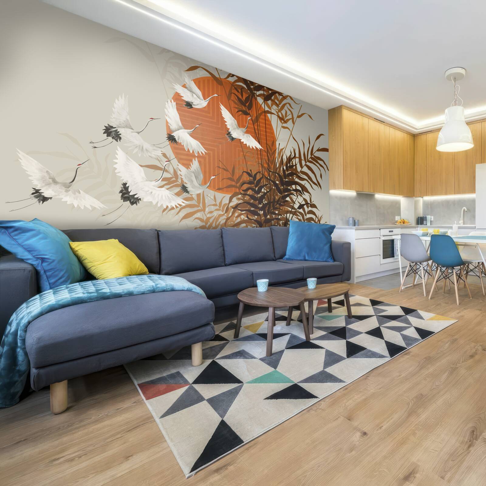 Papier peint le coucher de soleil est accompagné d'un vol coloré de grues