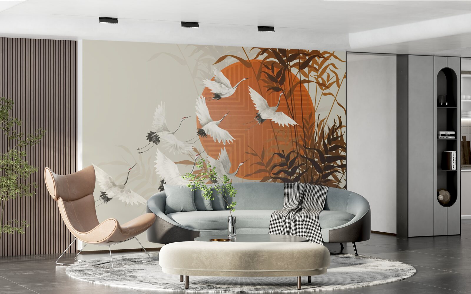 Papier peint le coucher de soleil est accompagné d'un vol coloré de grues