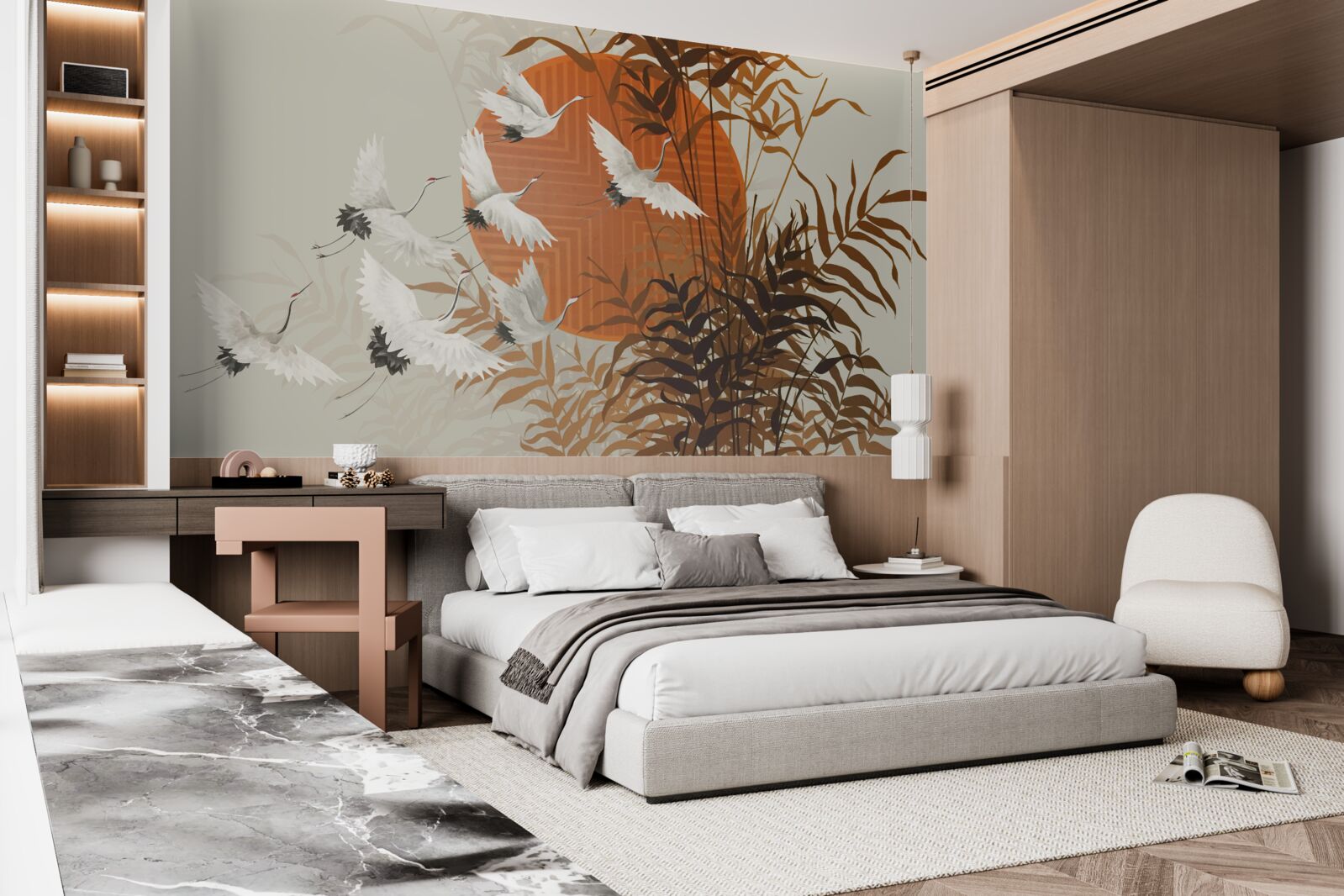 Papier peint le coucher de soleil est accompagné d'un vol coloré de grues