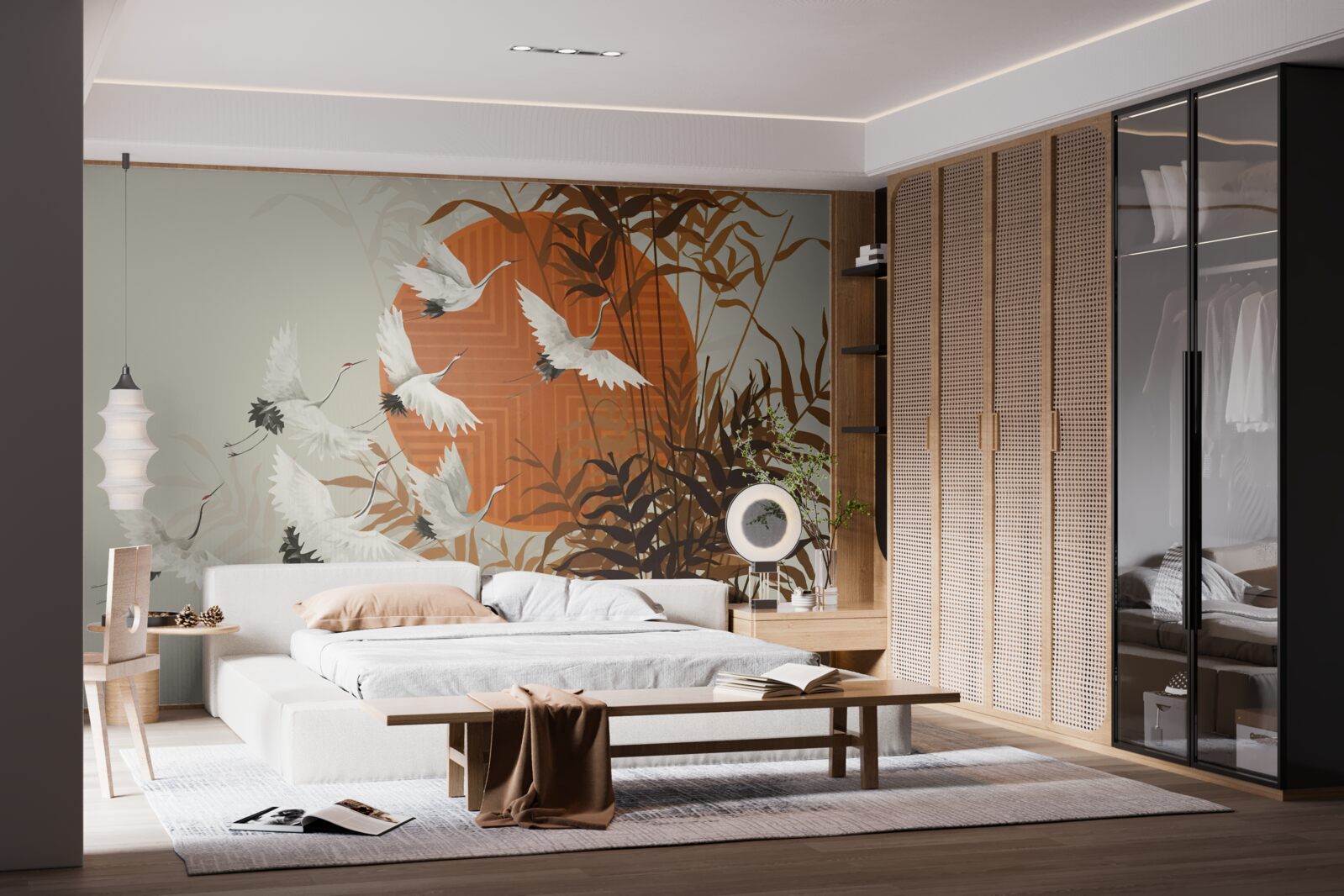 Papier peint le coucher de soleil est accompagné d'un vol coloré de grues