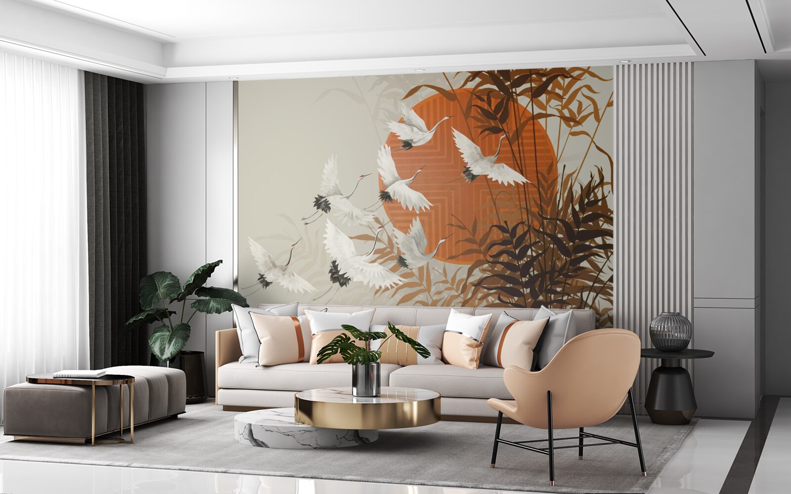 Papier peint le coucher de soleil est accompagné d'un vol coloré de grues