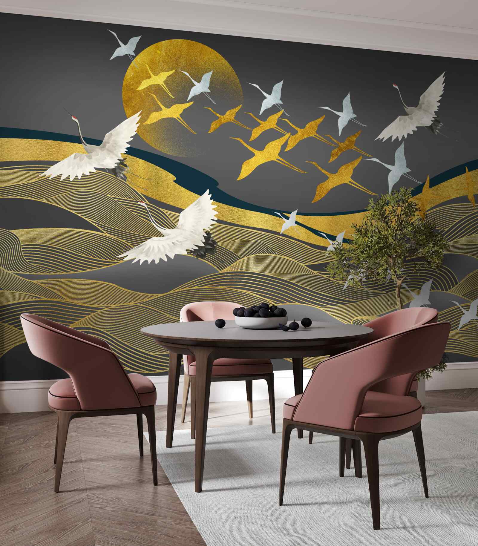 Papier peint un groupe d'oiseaux se dirige vers la lumière déclinante du jour au-dessus d'une magnifique étendue de mer