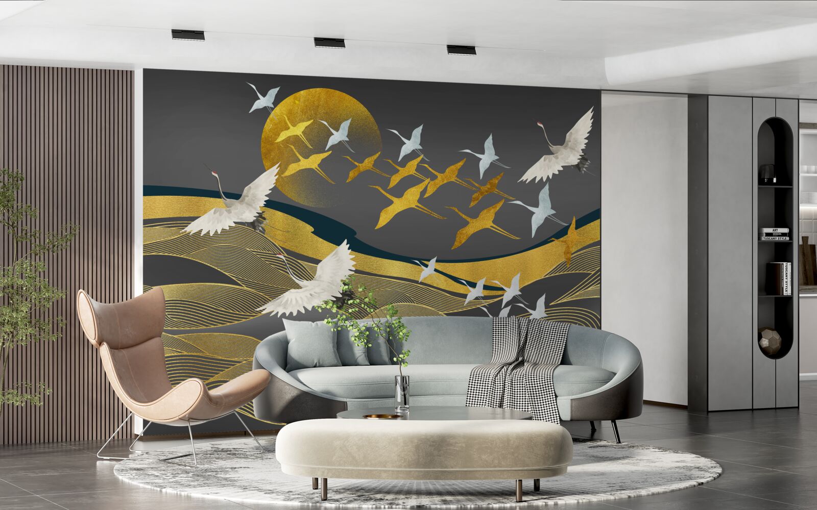 Papier peint un groupe d'oiseaux se dirige vers la lumière déclinante du jour au-dessus d'une magnifique étendue de mer