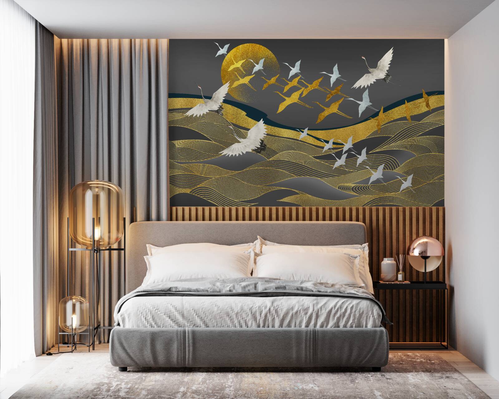 Papier peint un groupe d'oiseaux se dirige vers la lumière déclinante du jour au-dessus d'une magnifique étendue de mer