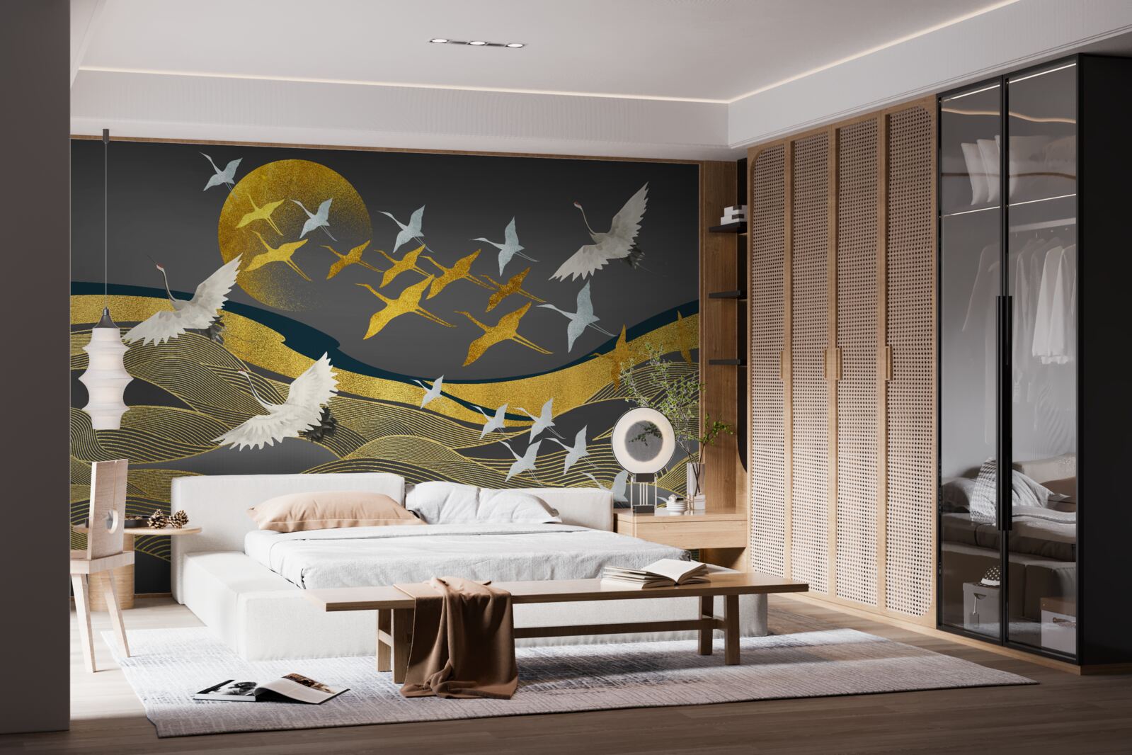 Papier peint un groupe d'oiseaux se dirige vers la lumière déclinante du jour au-dessus d'une magnifique étendue de mer