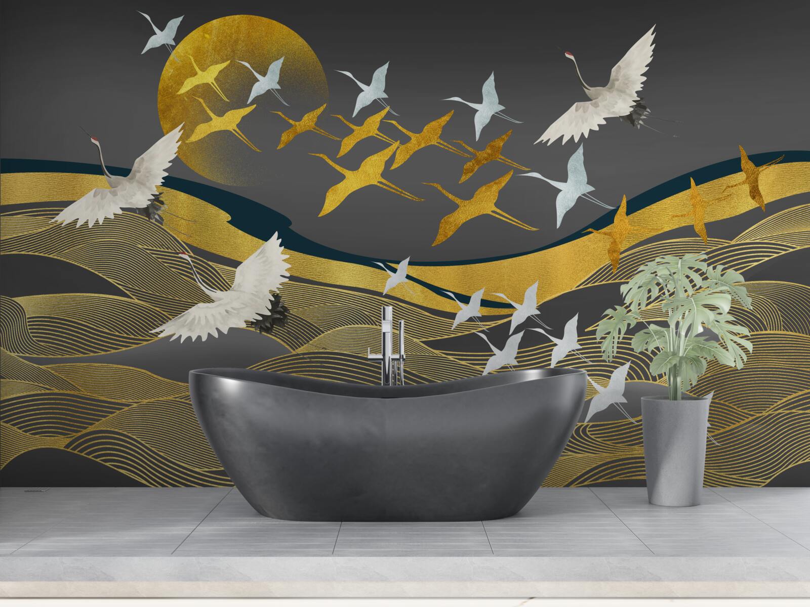 Papier peint un groupe d'oiseaux se dirige vers la lumière déclinante du jour au-dessus d'une magnifique étendue de mer