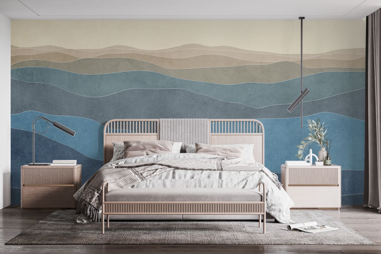 Papier peint au lever du soleil, collines et avions multicolores