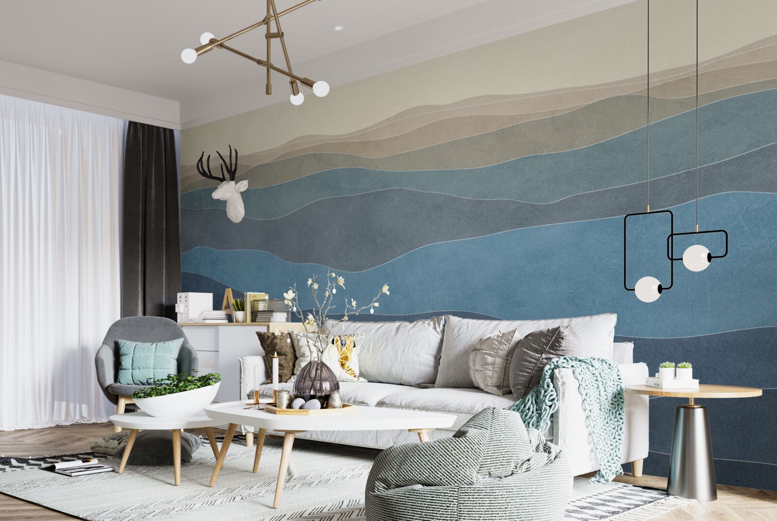 Papier peint au lever du soleil, collines et avions multicolores