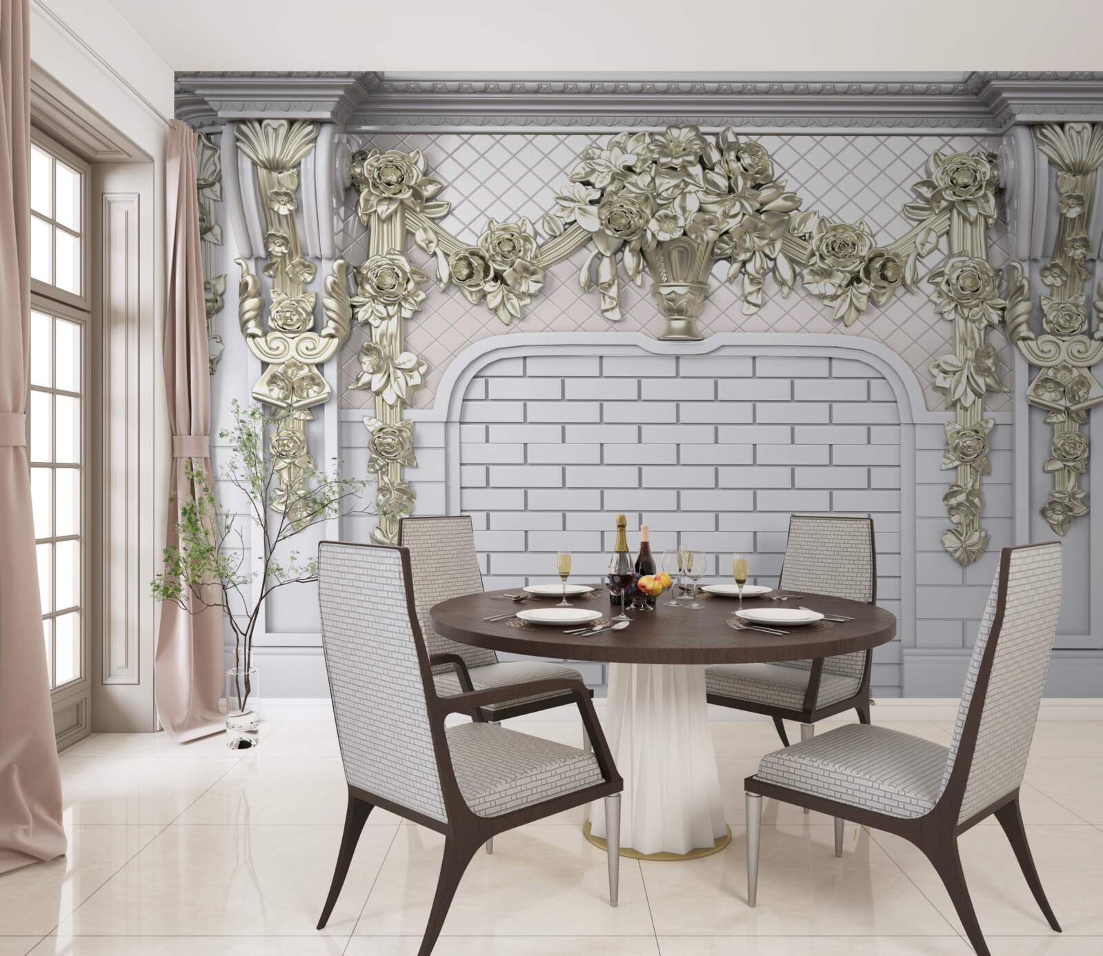 Papier peint cheminée, richement décorée