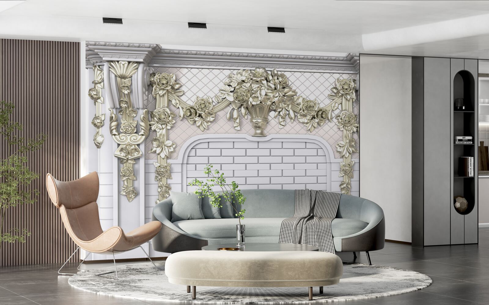 Papier peint cheminée, richement décorée