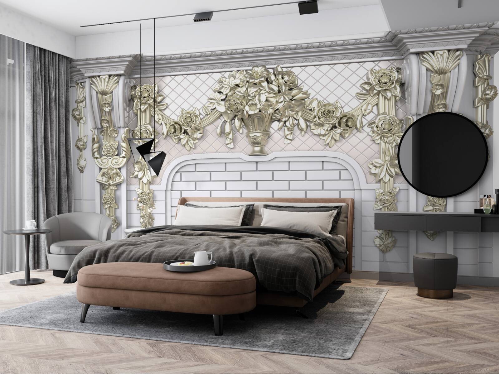 Papier peint cheminée, richement décorée