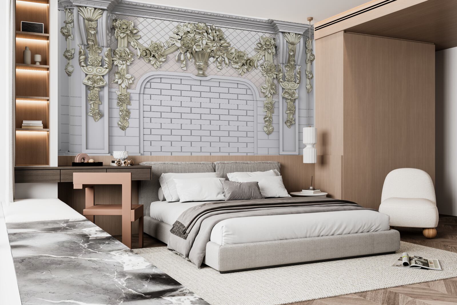 Papier peint cheminée, richement décorée