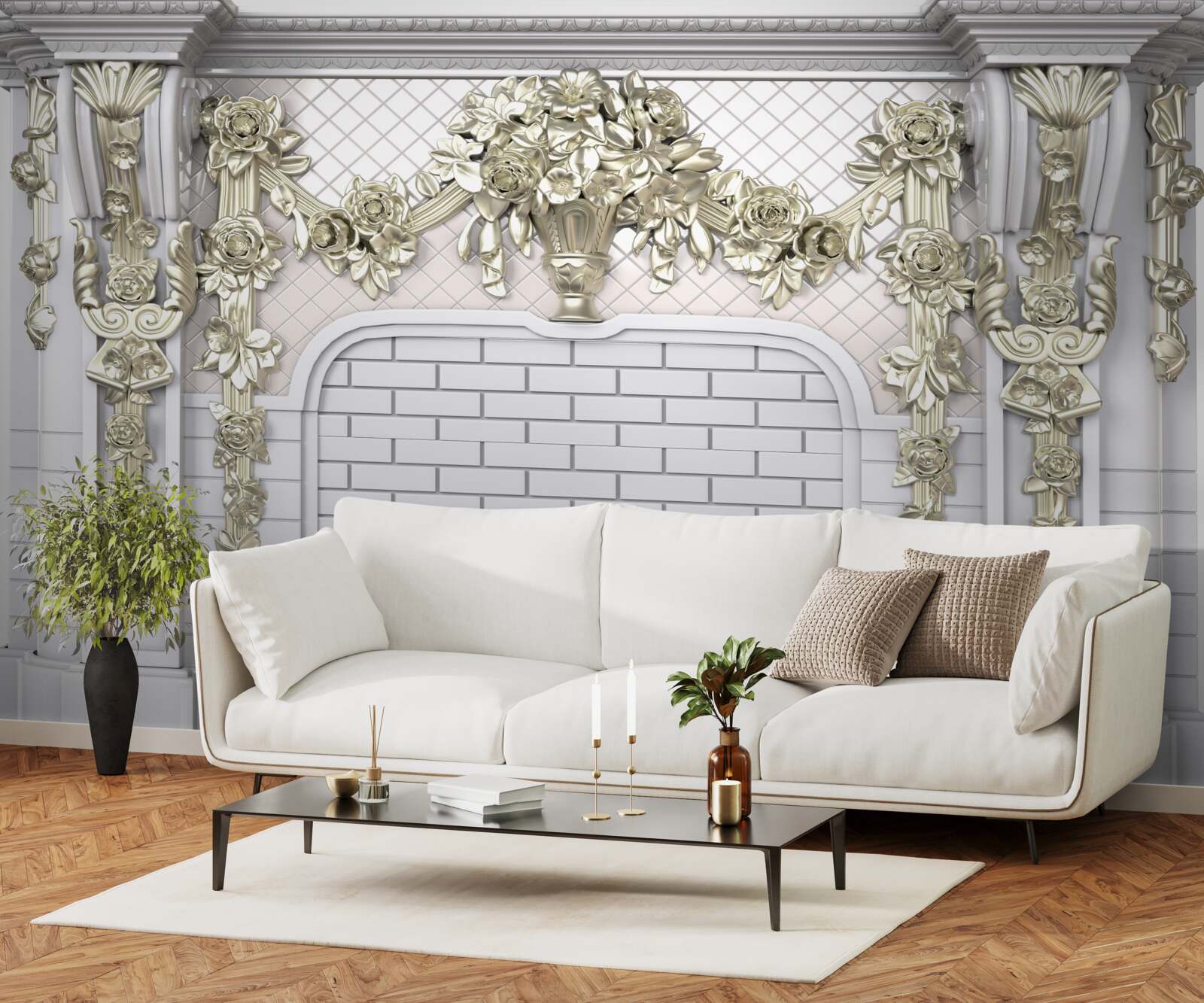 Papier peint cheminée, richement décorée