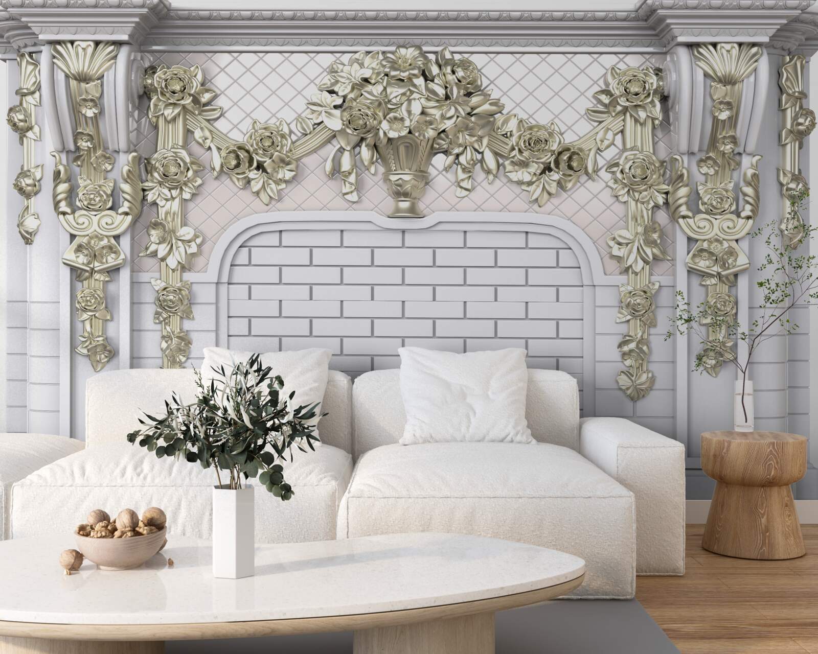 Papier peint cheminée, richement décorée