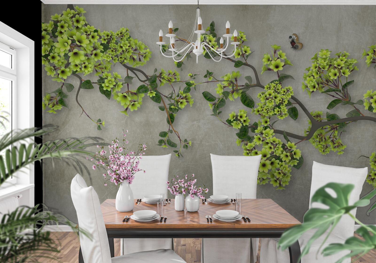 Papier peint branche de magnolia parsemée de bourgeons verdoyants