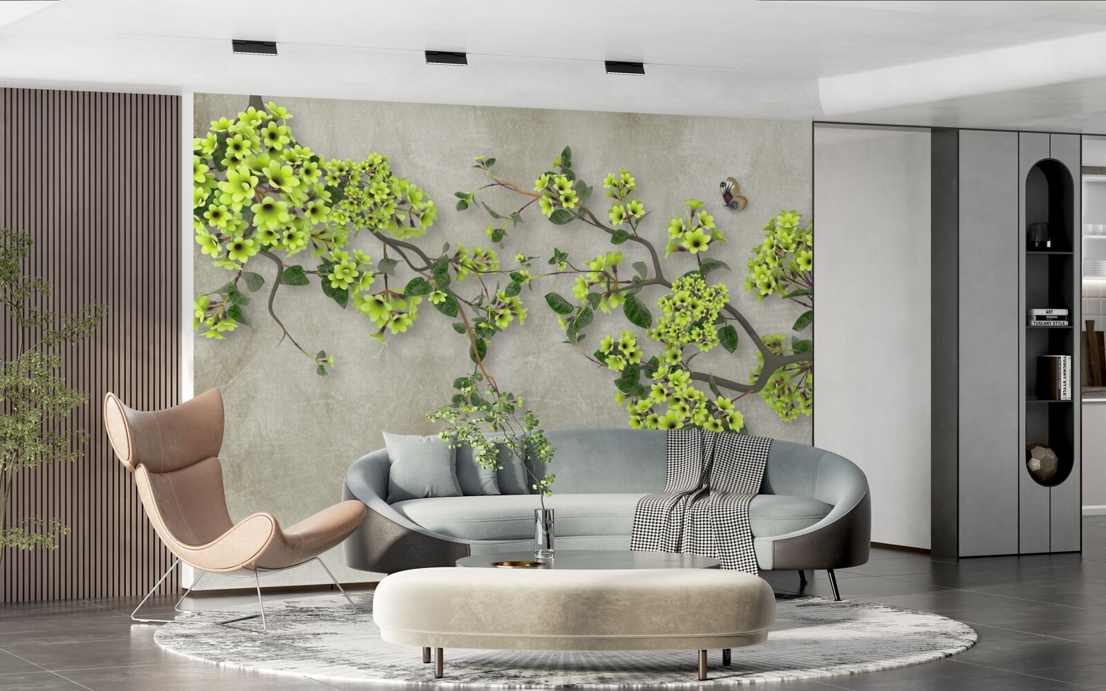 Papier peint branche de magnolia parsemée de bourgeons verdoyants