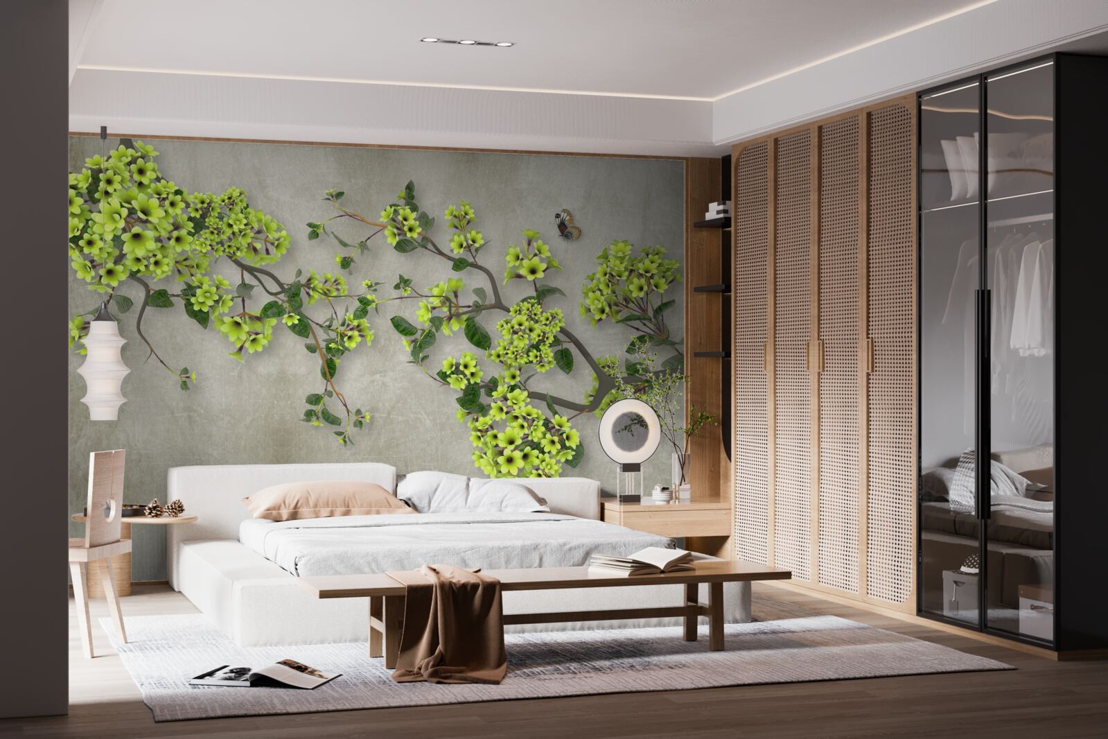 Papier peint branche de magnolia parsemée de bourgeons verdoyants