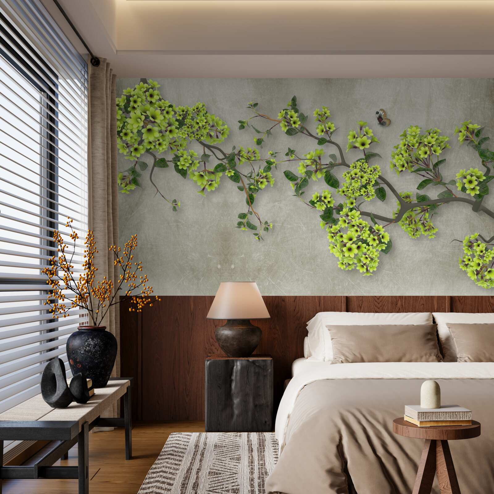 Papier peint branche de magnolia parsemée de bourgeons verdoyants