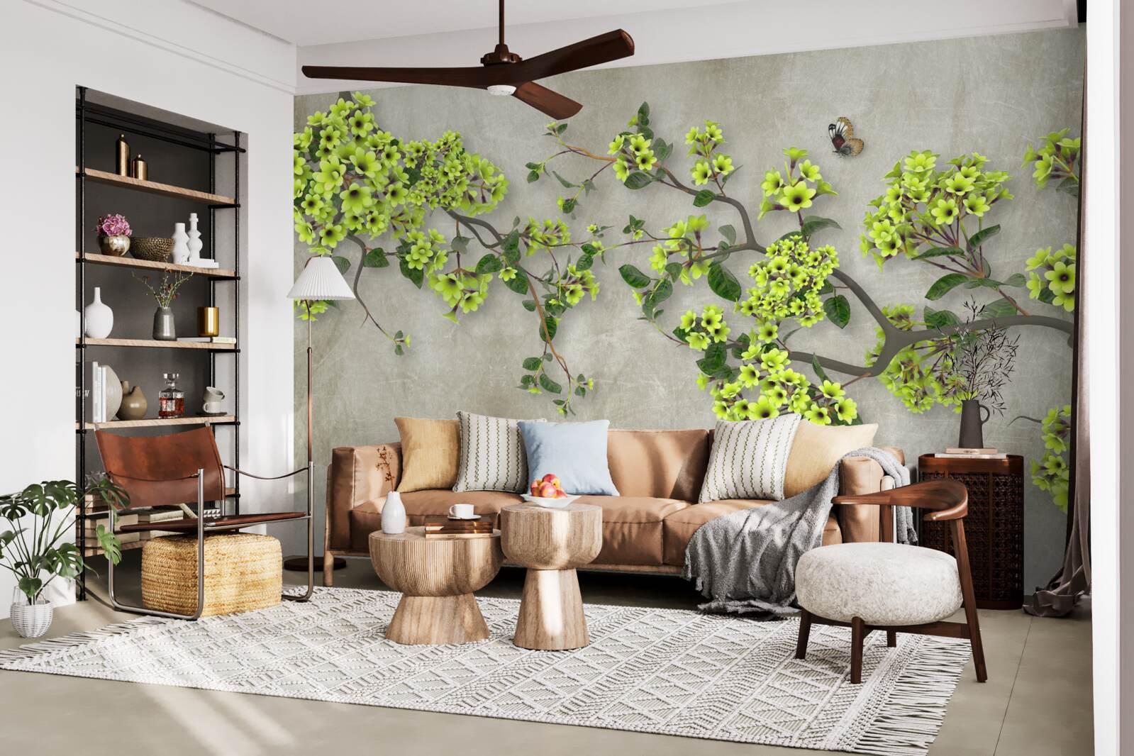 Papier peint branche de magnolia parsemée de bourgeons verdoyants