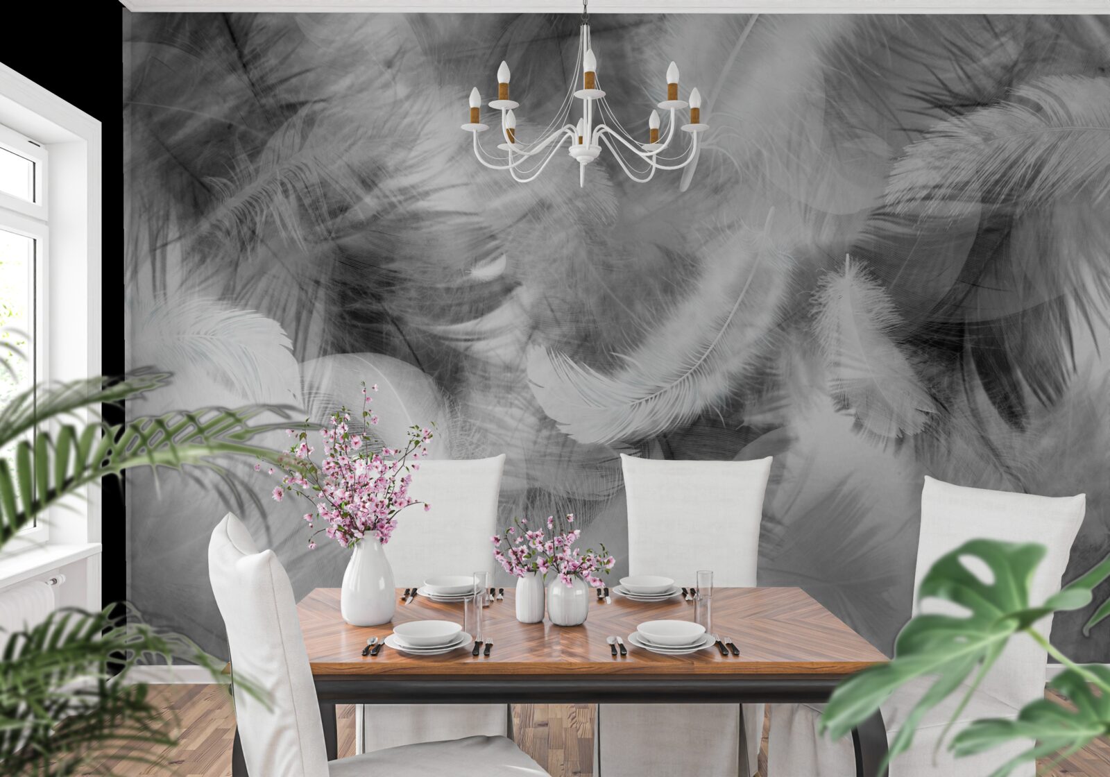 Papier peint des plumes noires et blanches flottent dans l'air