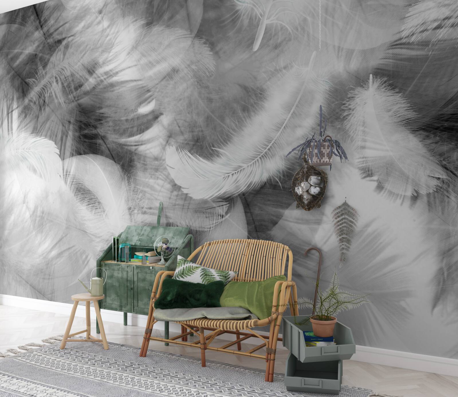 Papier peint des plumes noires et blanches flottent dans l'air