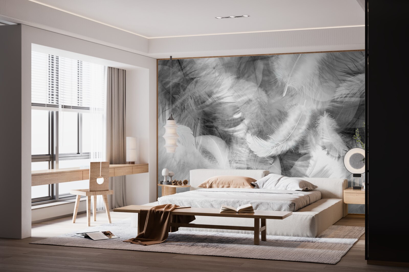 Papier peint des plumes noires et blanches flottent dans l'air