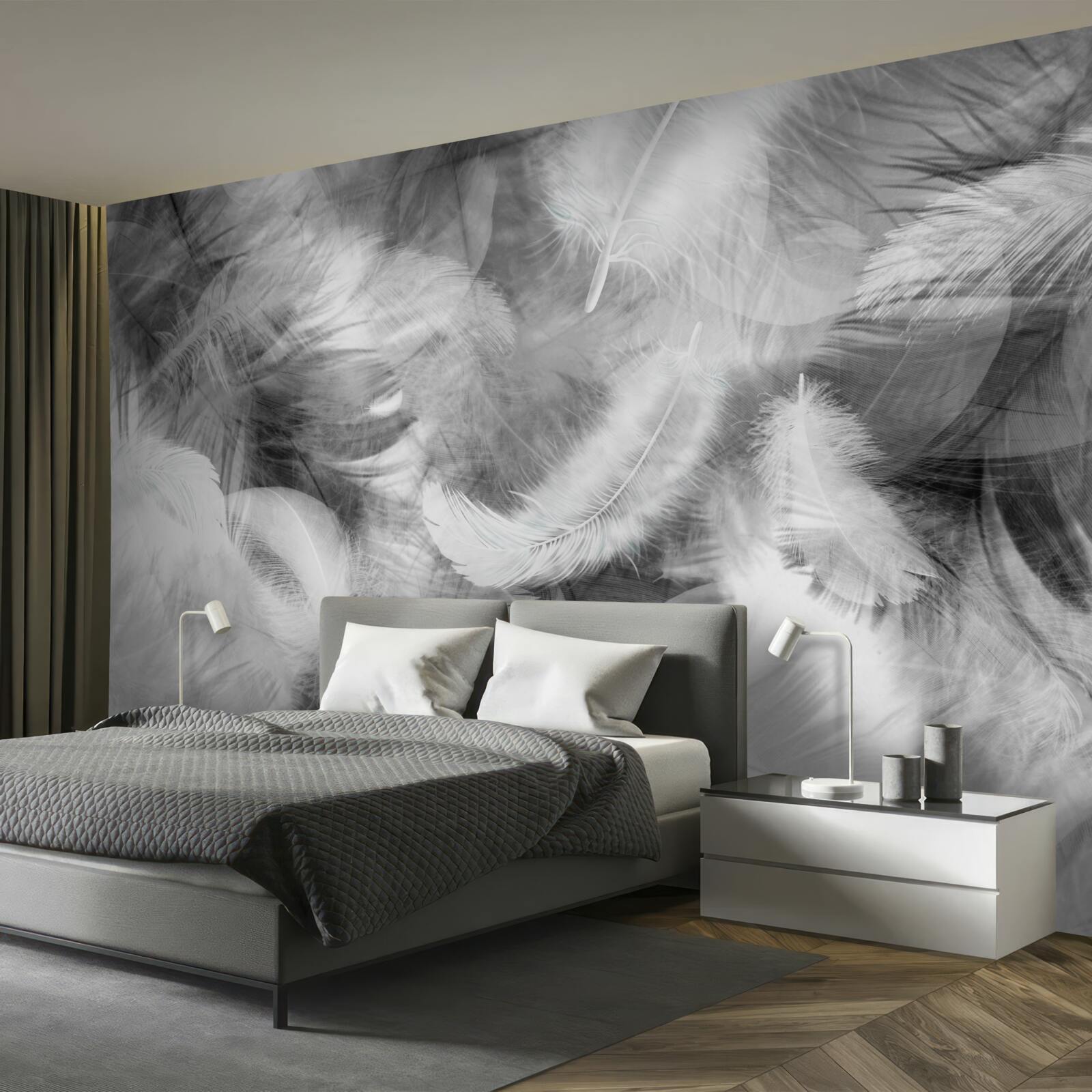 Papier peint des plumes noires et blanches flottent dans l'air