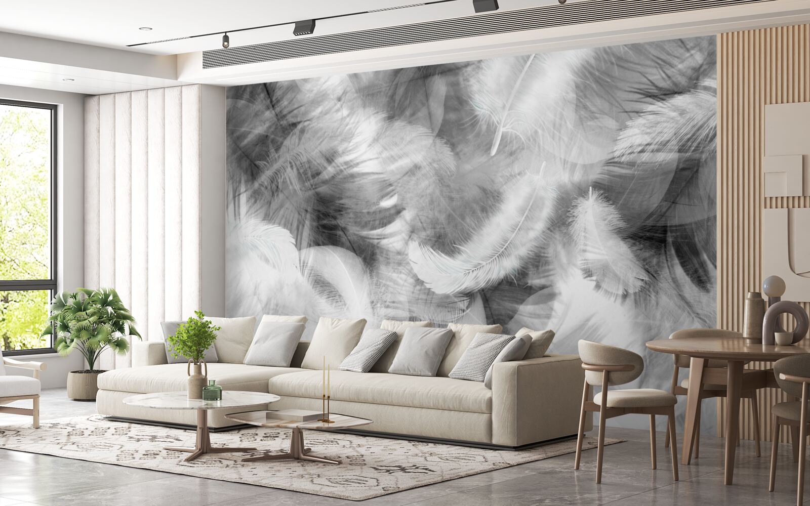 Papier peint des plumes noires et blanches flottent dans l'air