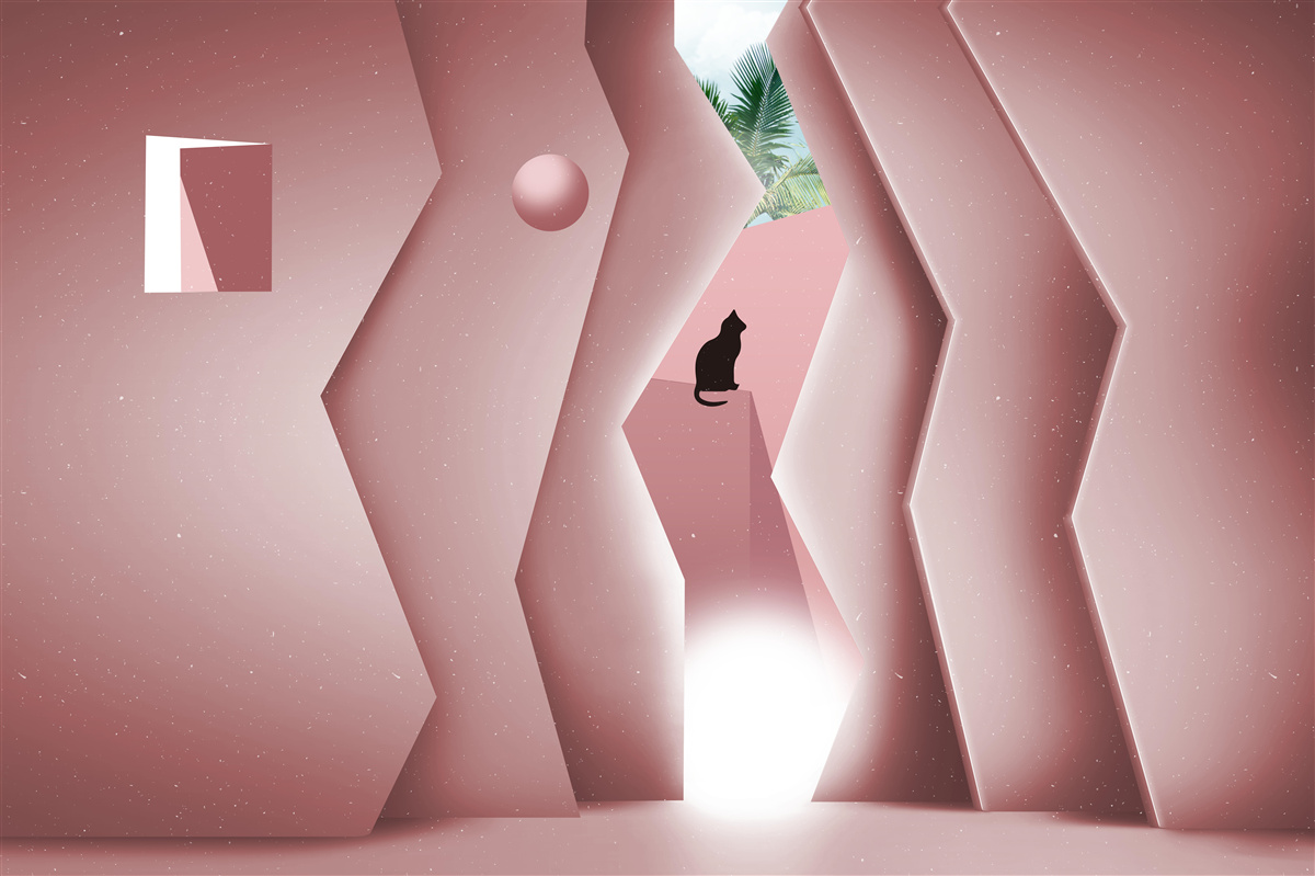 Papier peint tunnel réalisé dans un style abstrait et peint dans des tons de rose