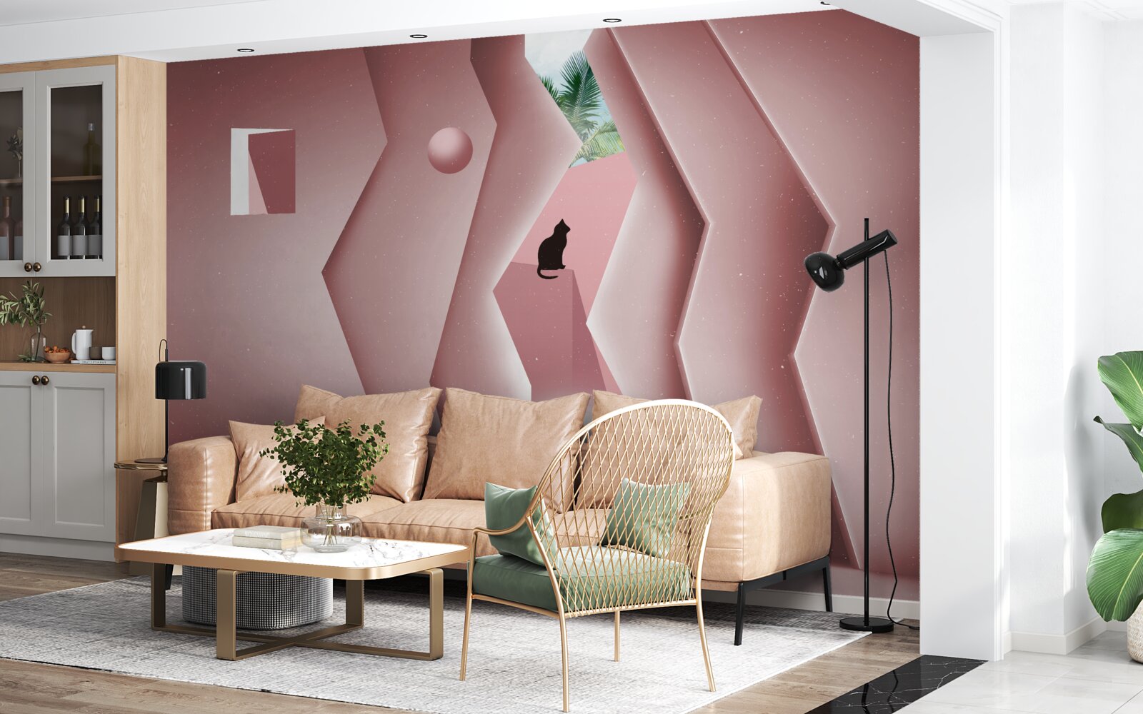 Papier peint tunnel réalisé dans un style abstrait et peint dans des tons de rose