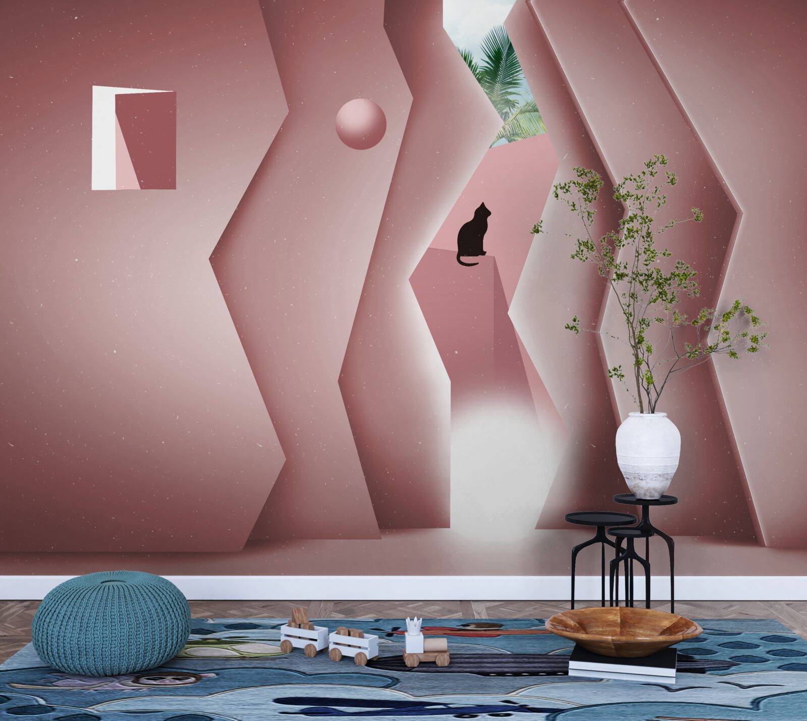 Papier peint tunnel réalisé dans un style abstrait et peint dans des tons de rose