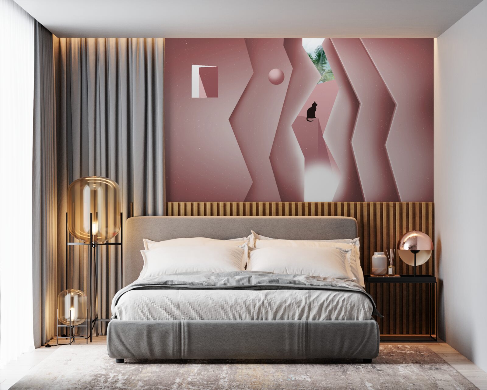 Papier peint tunnel réalisé dans un style abstrait et peint dans des tons de rose