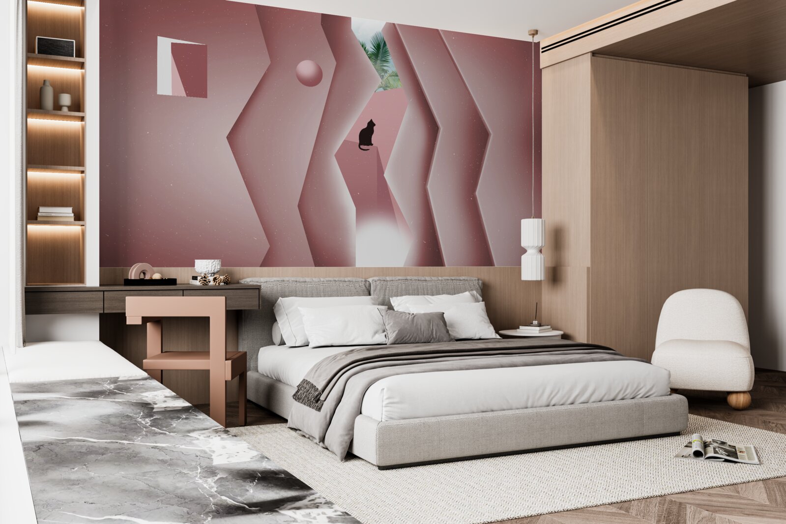 Papier peint tunnel réalisé dans un style abstrait et peint dans des tons de rose