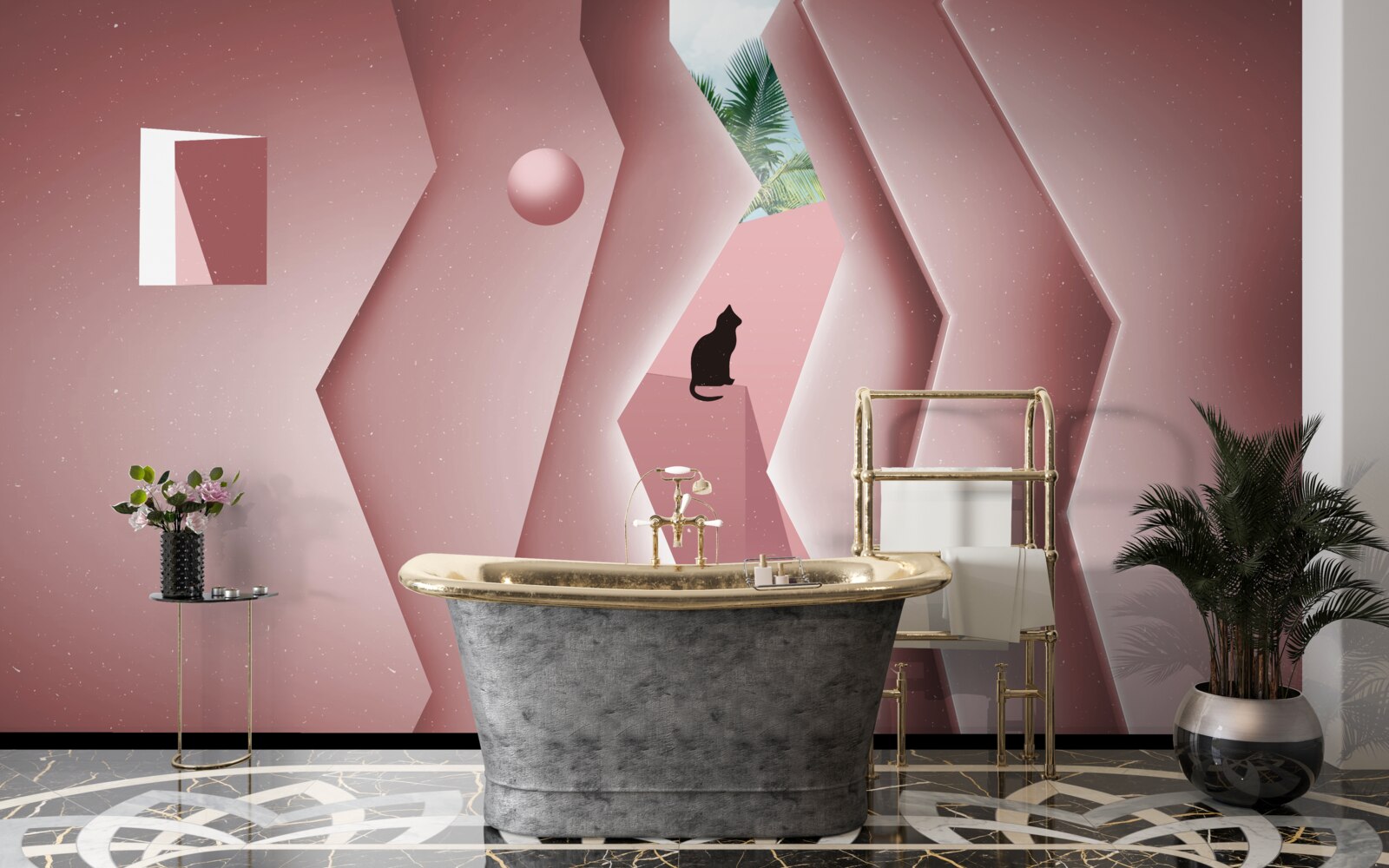 Papier peint tunnel réalisé dans un style abstrait et peint dans des tons de rose