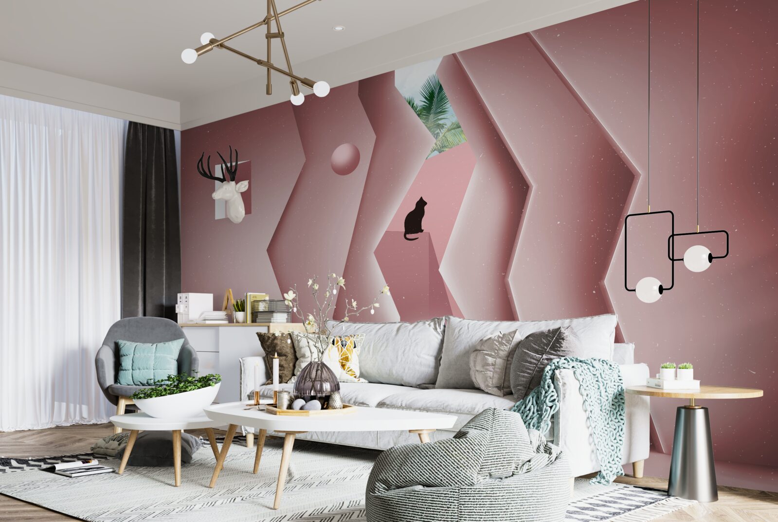 Papier peint tunnel réalisé dans un style abstrait et peint dans des tons de rose