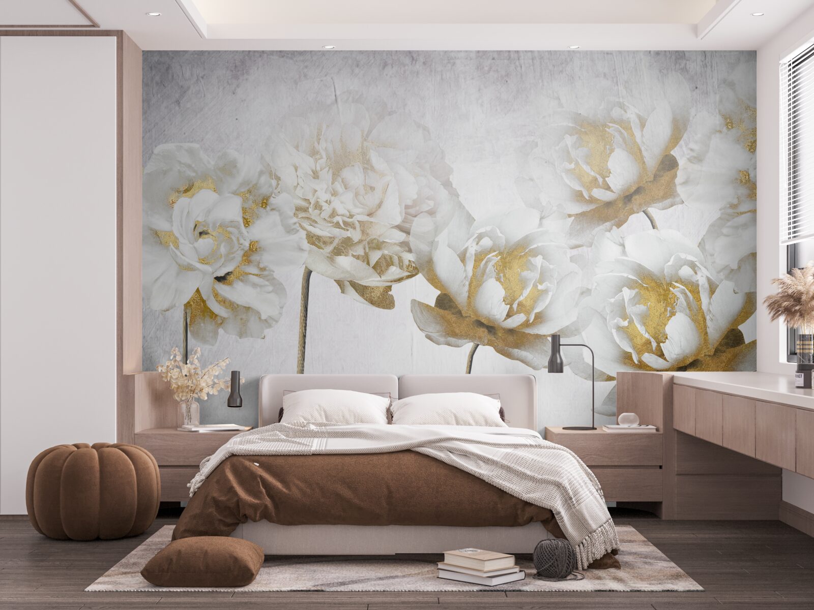 Papier peint plantes élégantes en or et en soie