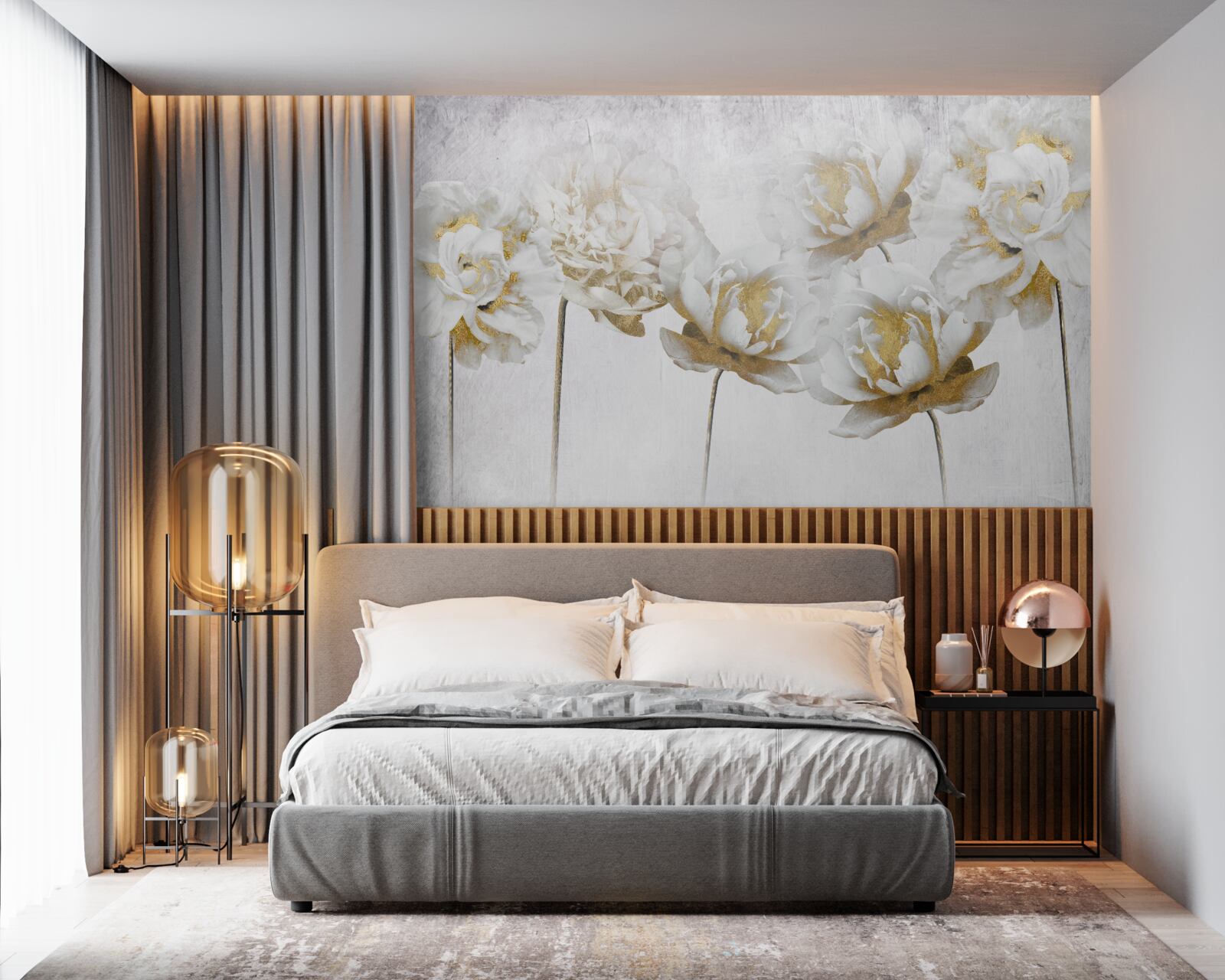 Papier peint plantes élégantes en or et en soie