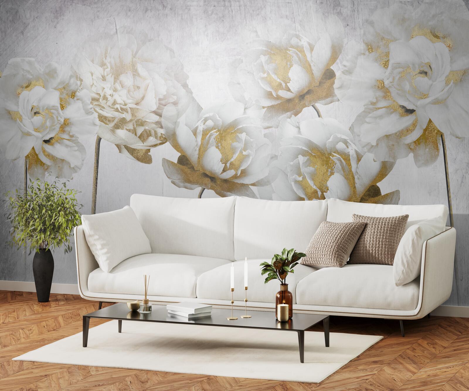Papier peint plantes élégantes en or et en soie