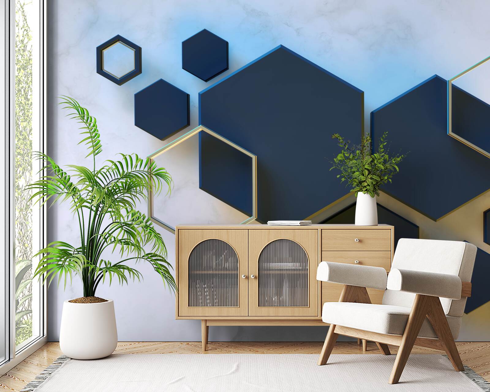 Papier peint hexagones noirs flottants